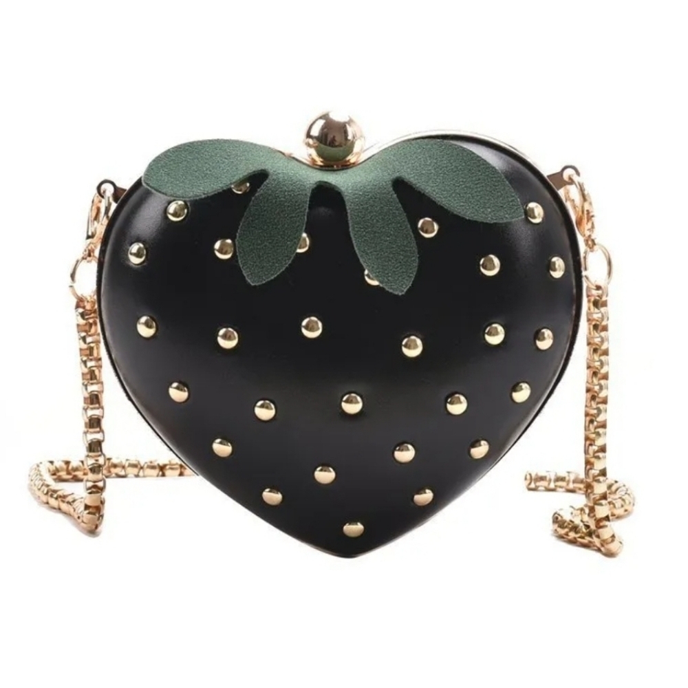 🖤▪️ Mini BLACK Heart Shaped novelty Bag, Strawberry Design Rivets Crossbody